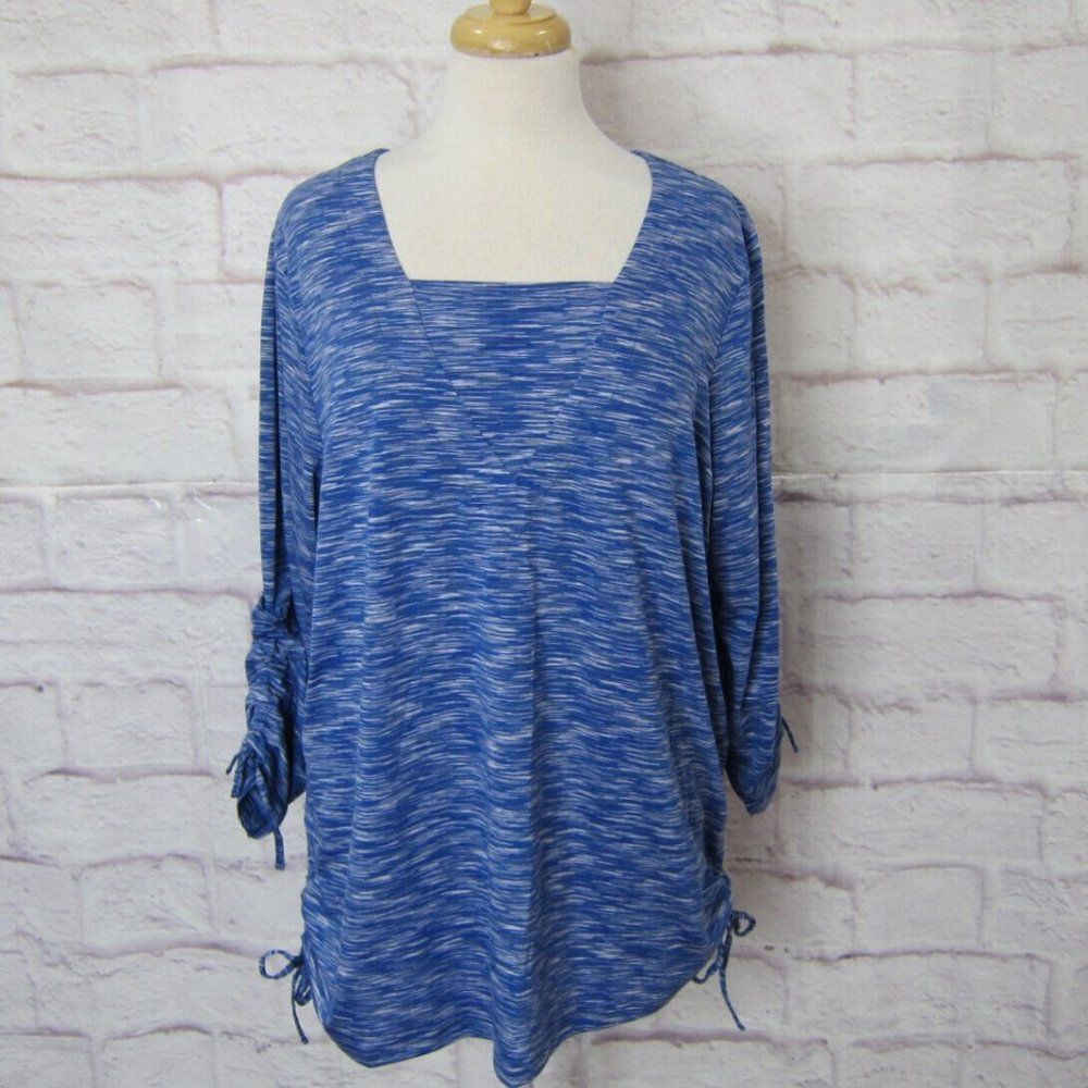 Avenue Women's Size 18/20 Heather Blue Ruched Tie Sleeve & Side Top Blouse New!